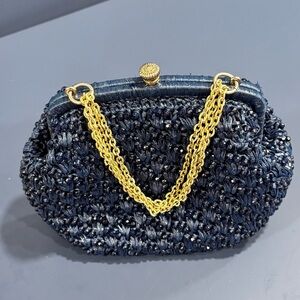 Vintage Marcus Brothers Of Miami Blue woven wicker Straw Beaded Purse handbag